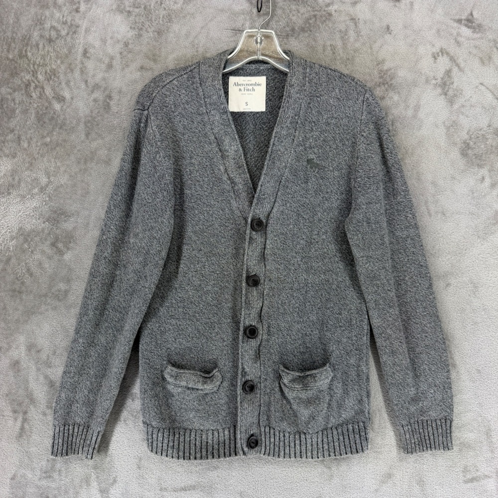 Abercrombie & Fitch Cardigan Sweater Men Small Gray Cotton Knit Moose Logo 24770